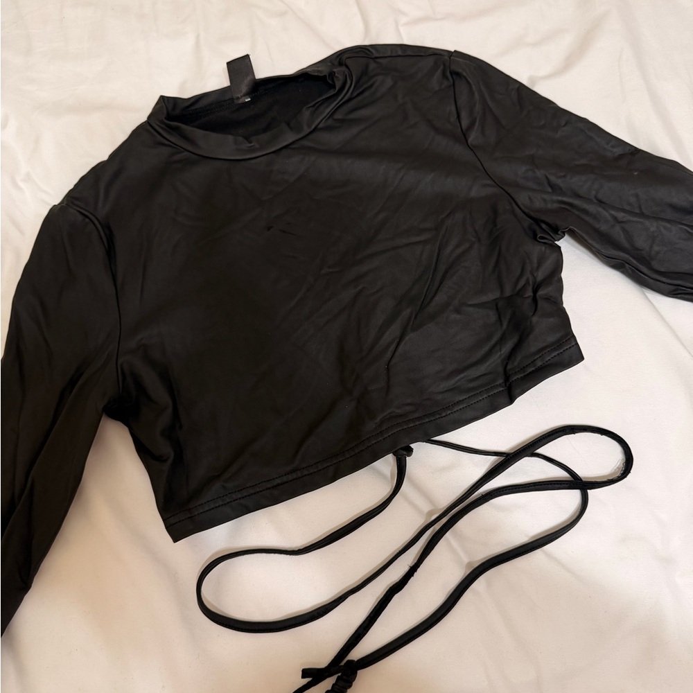 SHEIN Matte Leather Black Long Sleeve Crop Top😍🤩
